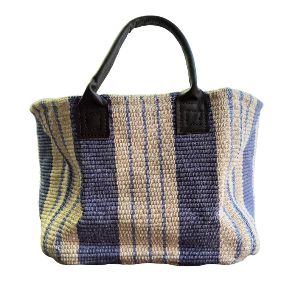 Dash Albert Woven Stripe Tote Bag Basket Blue White Leather Handle Coastal Beach